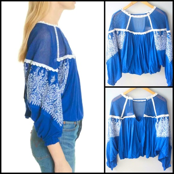 Free People Embroidered Sequin Mesh Balloon Peasant Blouse Top - Picture 3 of 13